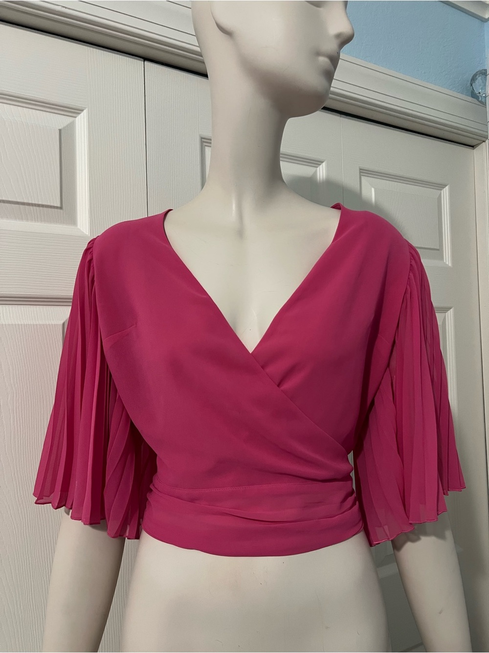 Express Fuchsia Wrap Blouse with Pleated Short Sleeves